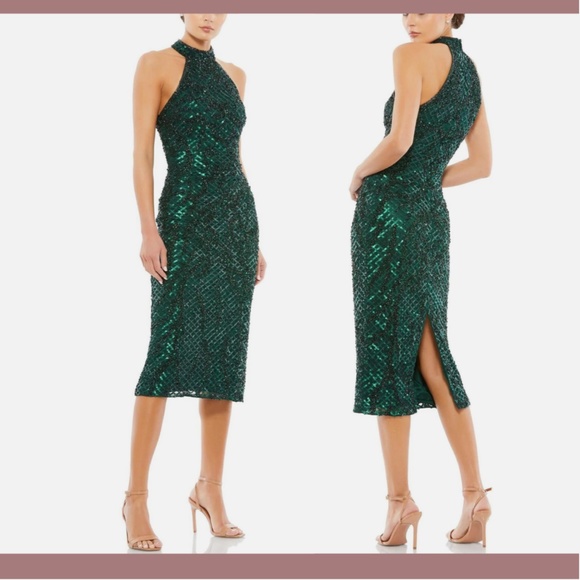 NWT $398 MAC DUGGAL [ 8 ]‎ Sequined Halter Midi Dress in Bottle Green - Picture 2 of 14